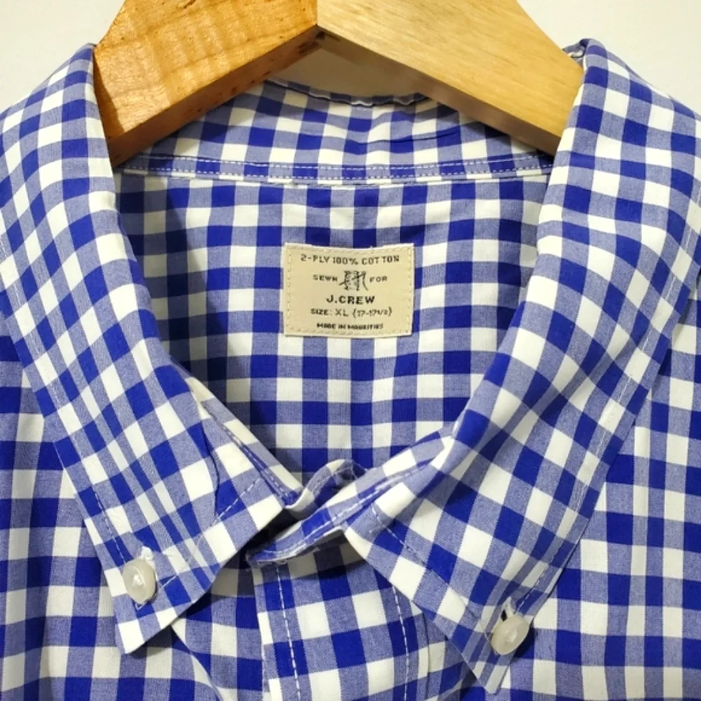 J. Crew Long Sleeve Button Down Shirt 2 Ply Cotton Blue White Gingham Check XL